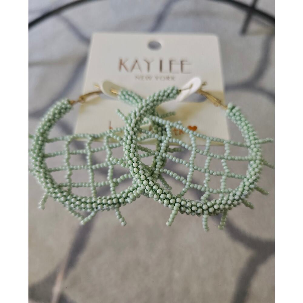 Kay Lee Sage Green Web Hoop Earrings New - Picture 1 of 3